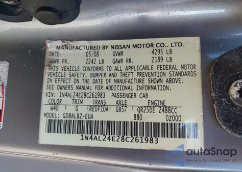 2008 Nissan Altima 2.5 S z USA, uszkodzony, nr VIN 1N4AL24E28C261983